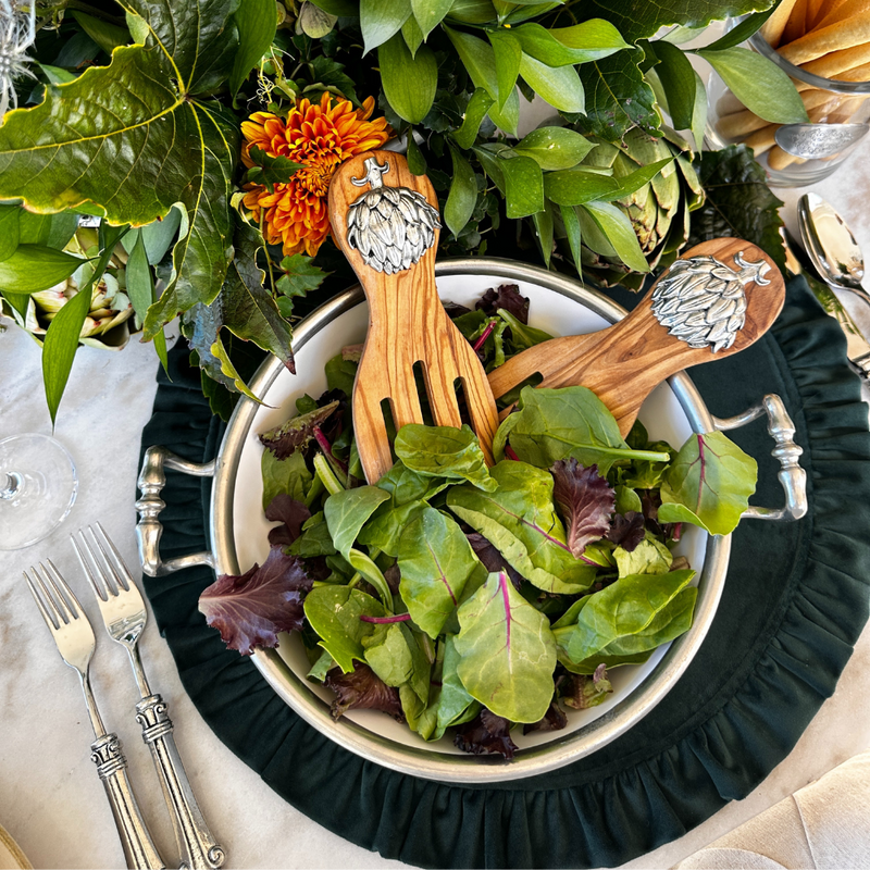 Artichoke Olive Wood Salad Server Set - New