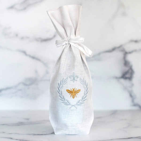 Italian Bee Linen Wine Bag